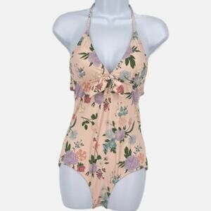Swimsuit Vintage Style Classic Halter One Piece in Blush Floral Print Size S